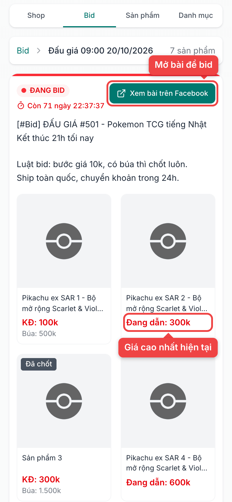 Trang một bài đấu giá với giá đang dẫn
