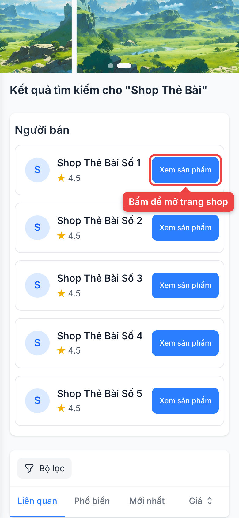 Phần Người bán trong kết quả tìm kiếm