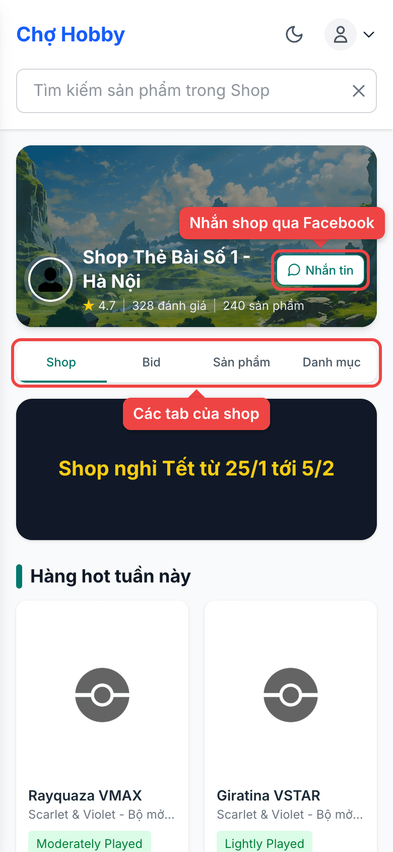 Đầu trang shop với nút Nhắn tin và các tab