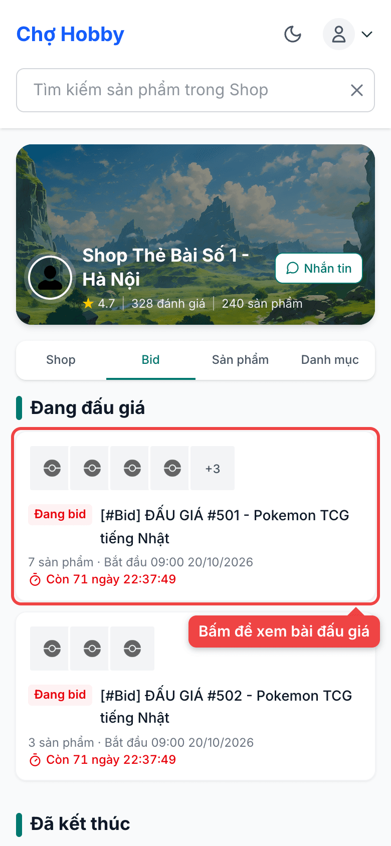 Danh sách bài đấu giá trong tab Bid