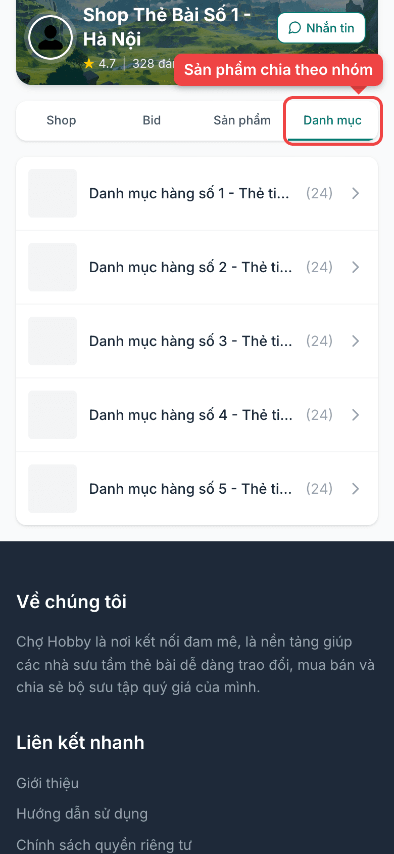 Danh sách danh mục của shop