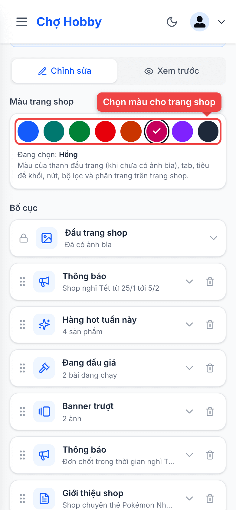 Bảng chọn màu trang shop