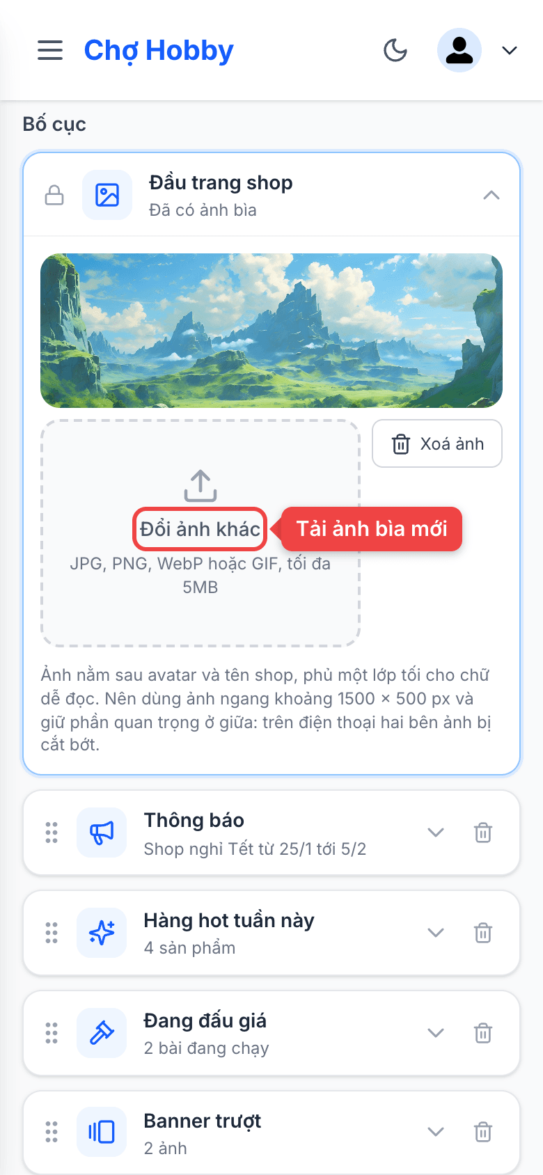 Khối Đầu trang shop với nút đổi ảnh bìa