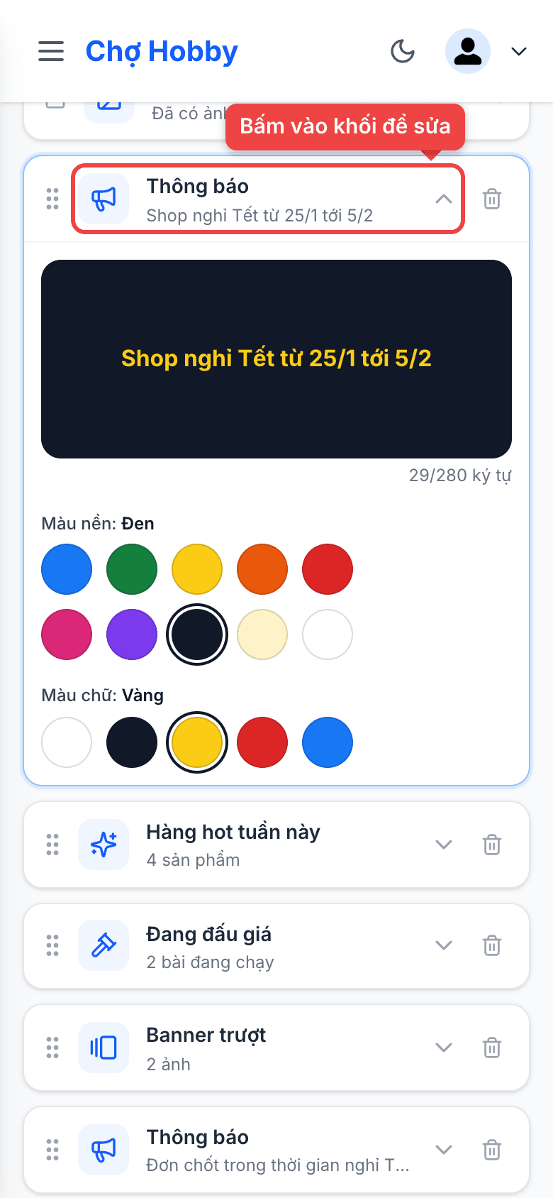 Khối Thông báo đang mở để sửa