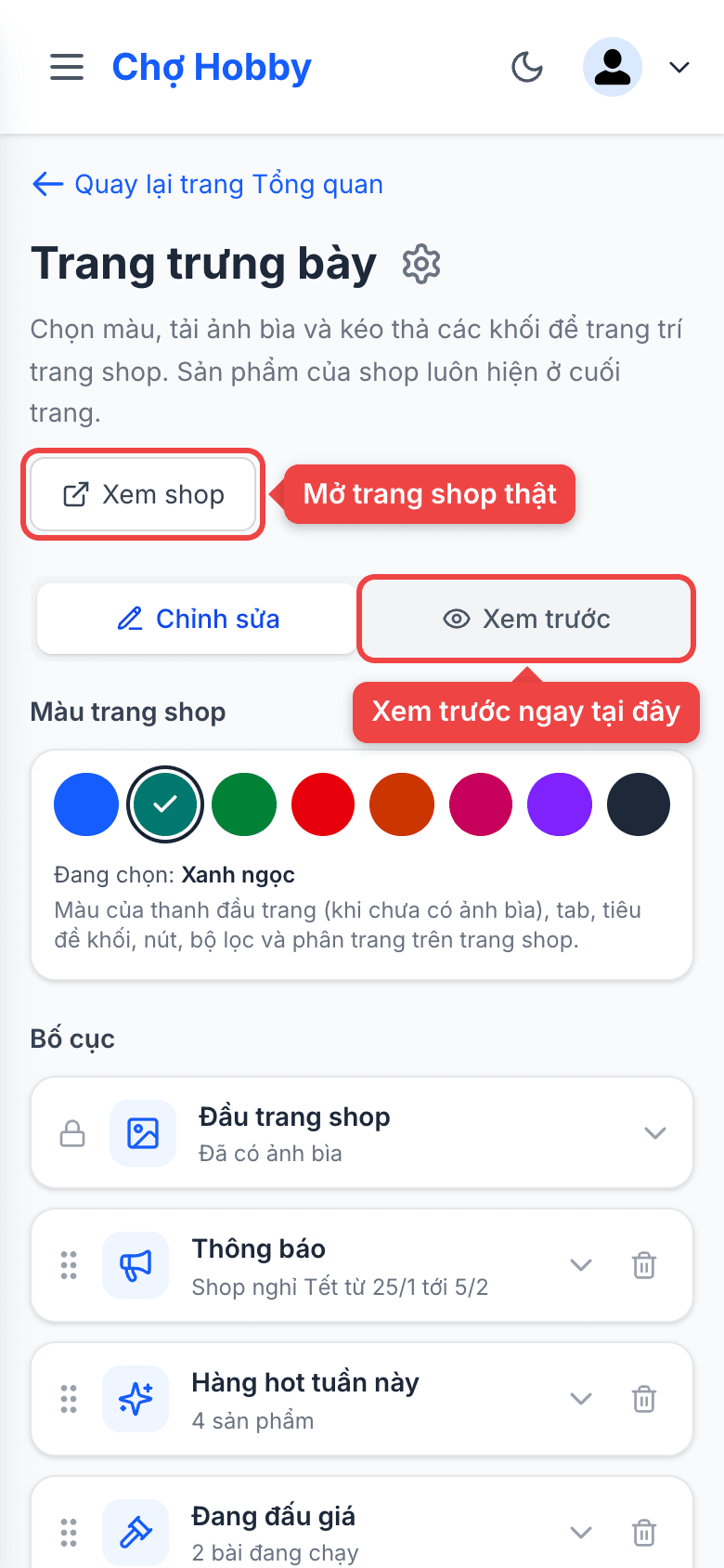 Nút Xem shop và Xem trước