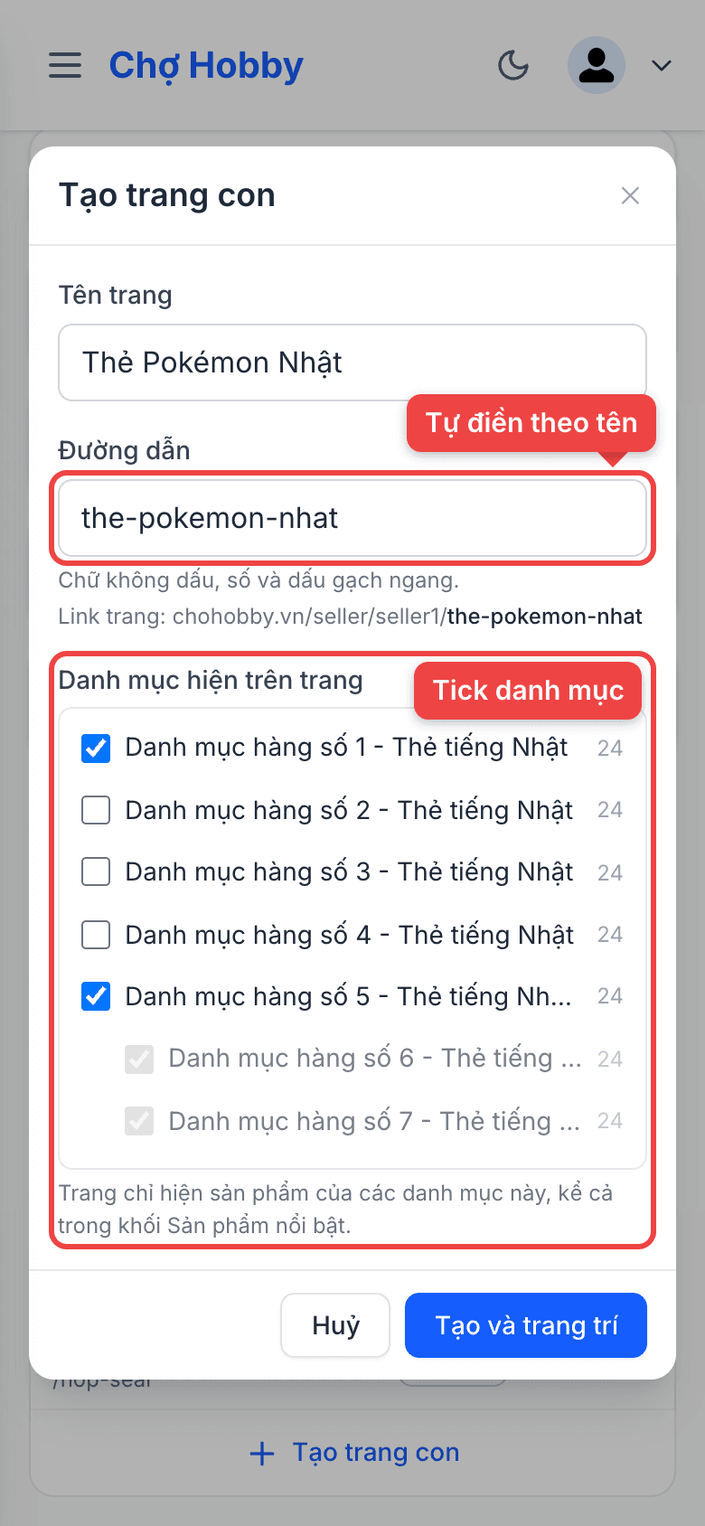 Form tạo trang con: tên, đường dẫn, danh mục