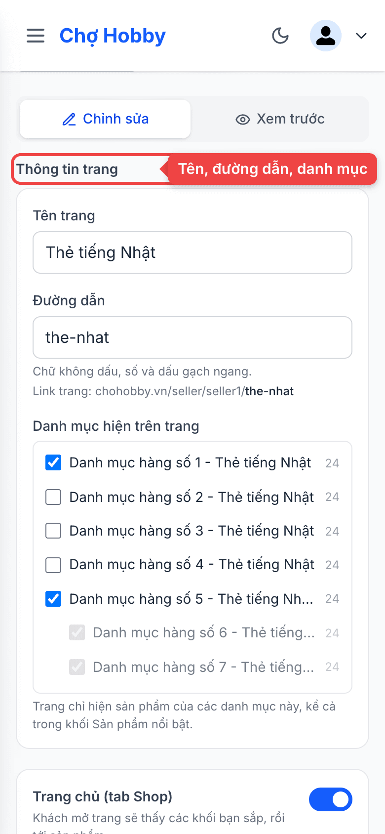 Trang trang trí trang con với phần Thông tin trang