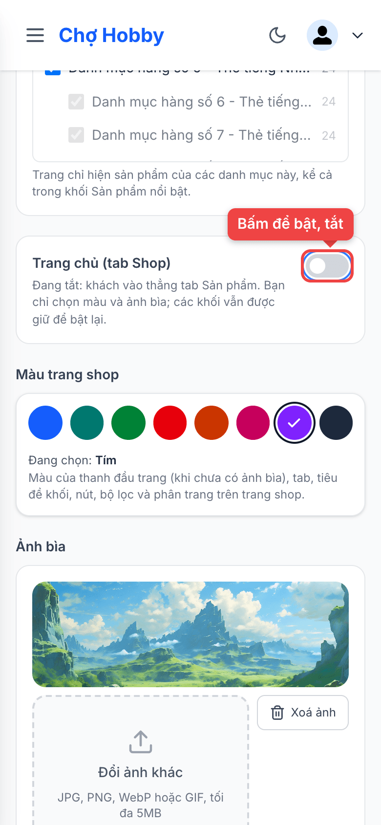 Công tắc Trang chủ (tab Shop) đã tắt