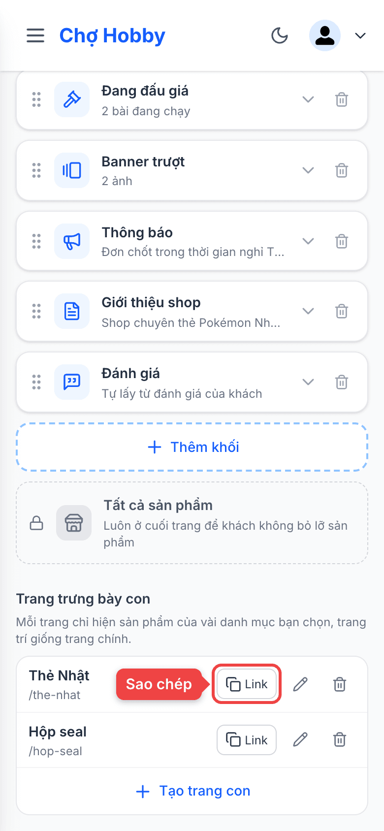 Nút Link, sửa và xoá của một trang con