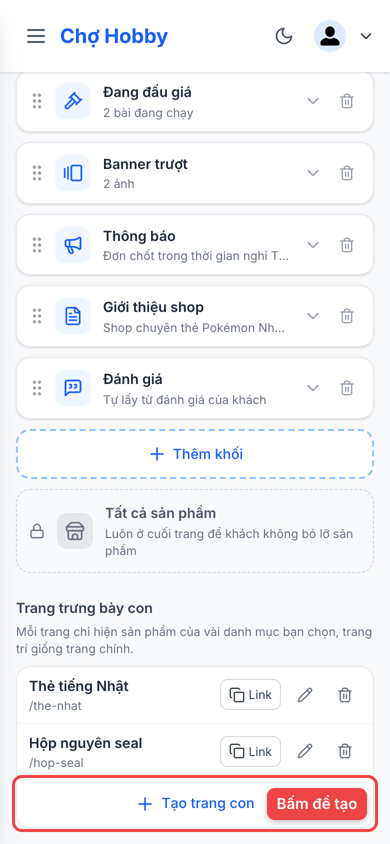Phần Trang trưng bày con với nút Tạo trang con