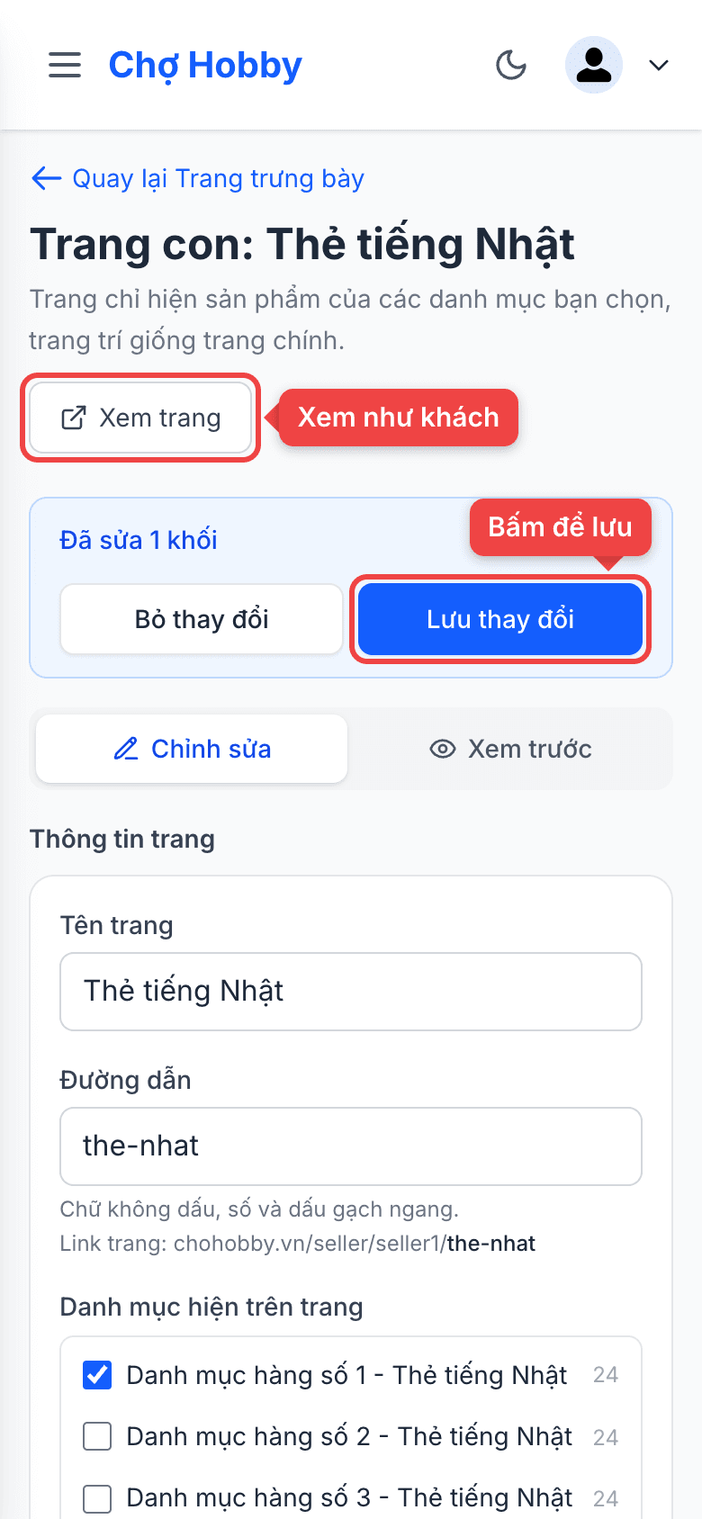 Nút Lưu thay đổi và Xem trang