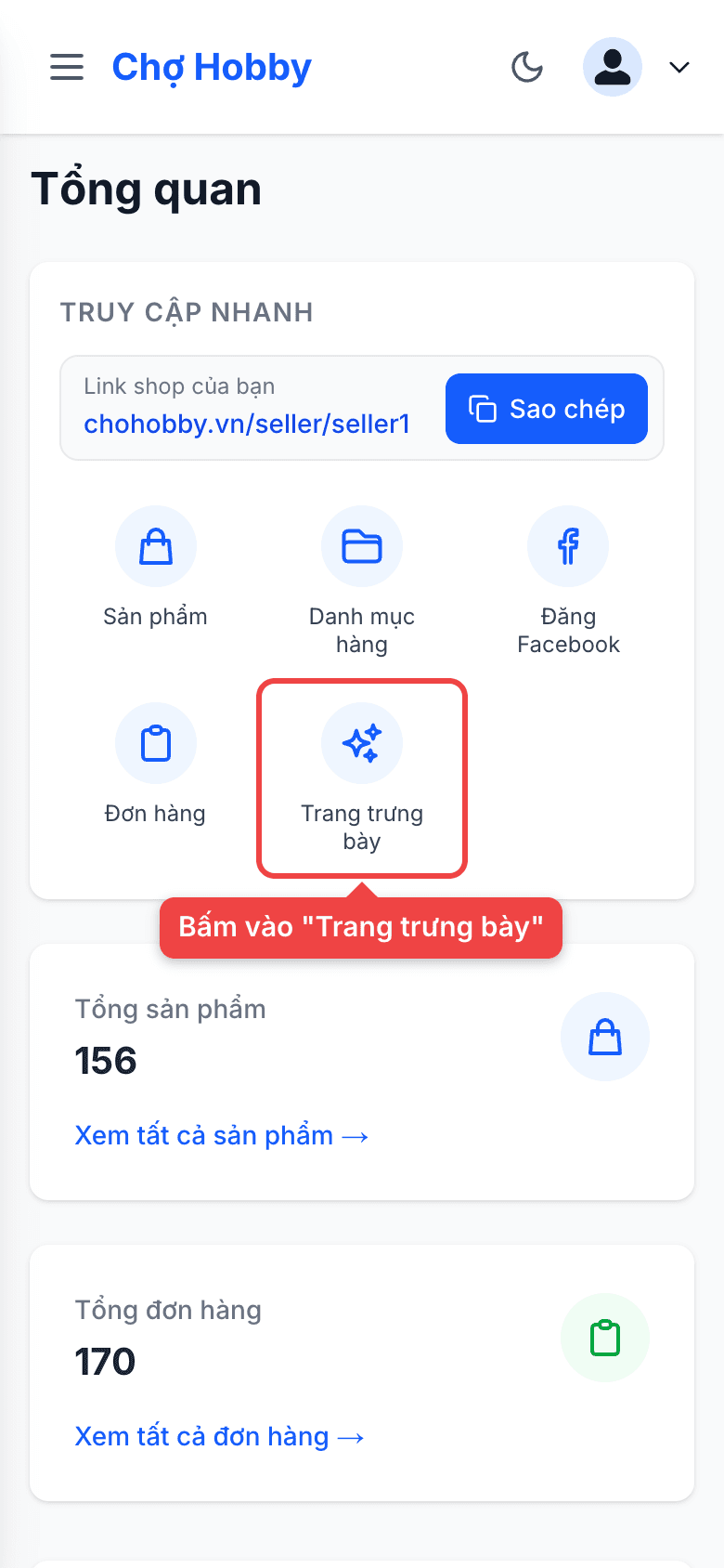 Khối Truy cập nhanh với mục Trang trưng bày